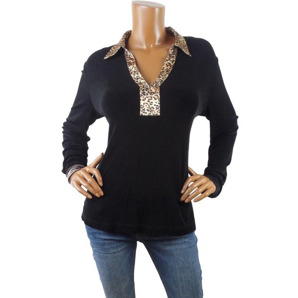 Chico's Tops - CHICO'S Top L Sz 2 Travelers Black Blouse Animal Print Trim Stretch Long Sleeves